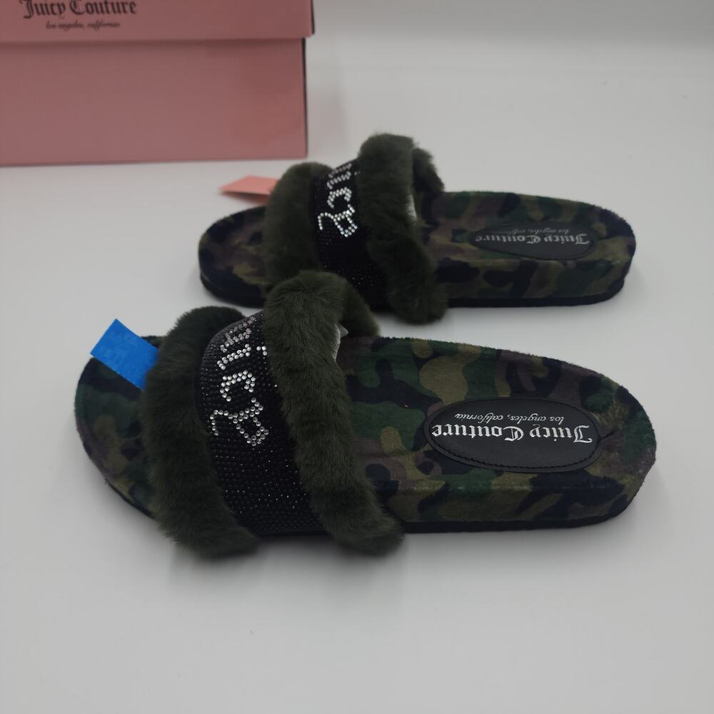 Juicy Couture Slide Slippers Faux Fur JC Siren Green Camo Size 8 - Picture 6 of 9